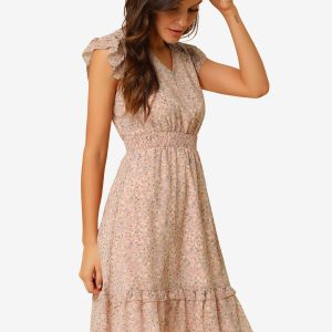 Floral Flutter Sleeve V Neck Smocked Ruffle Dress Pink/L - Allegra K catalog