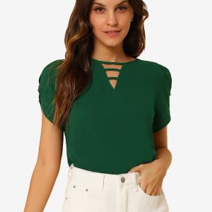 Cutout Round Neck Cap Sleeve Casual Top Dark Green/S - Allegra K catalog