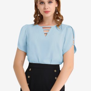 Cutout Round Neck Cap Sleeve Casual Top Light Blue/S - Allegra K catalog