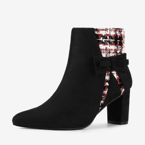 Tweed Plaid Bow Decor Side Zipper Block Heel Ankle Boots Black/7 - Allegra K catalog
