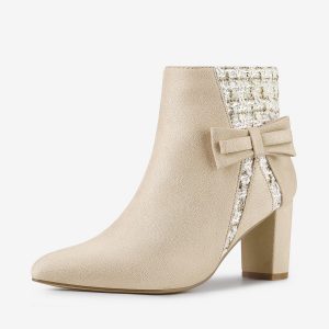 Tweed Plaid Bow Decor Side Zipper Block Heel Ankle Boots Beige/8 - Allegra K catalog