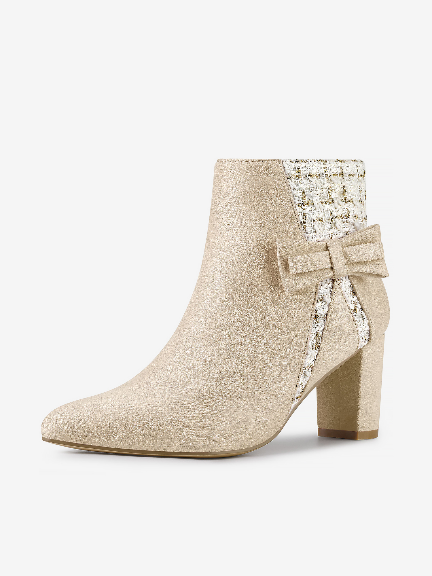Tweed Plaid Bow Decor Side Zipper Block Heel Ankle Boots Beige/10 - Allegra K catalog