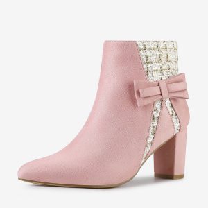 Tweed Plaid Bow Decor Side Zipper Block Heel Ankle Boots Pink/9 - Allegra K catalog