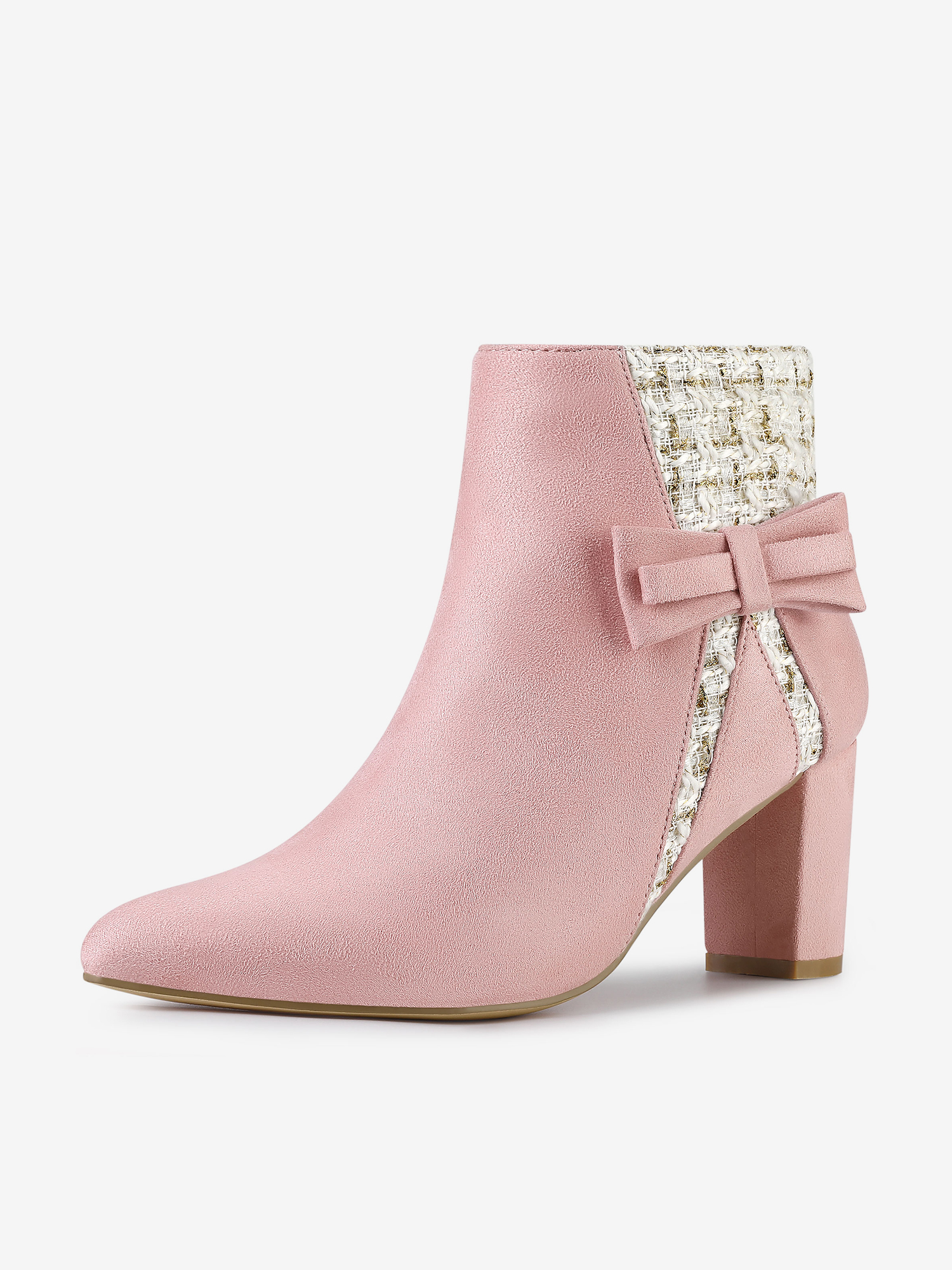Tweed Plaid Bow Decor Side Zipper Block Heel Ankle Boots Pink/11 - Allegra K catalog