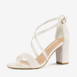 Glitter Crisscross Strap Block Heel Sandals White/8 - Allegra K catalog