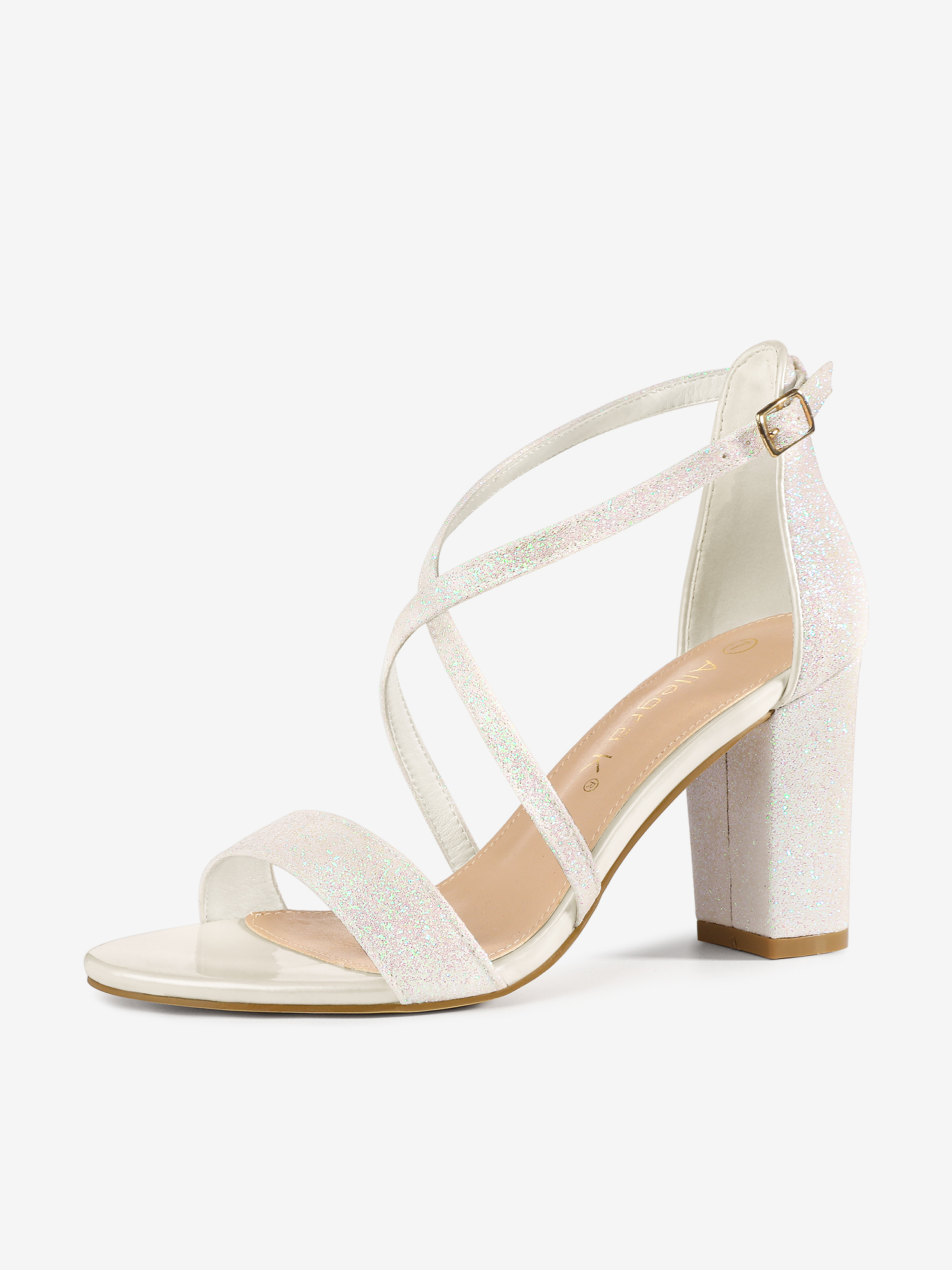 Glitter Crisscross Strap Block Heel Sandals White/9 - Allegra K catalog