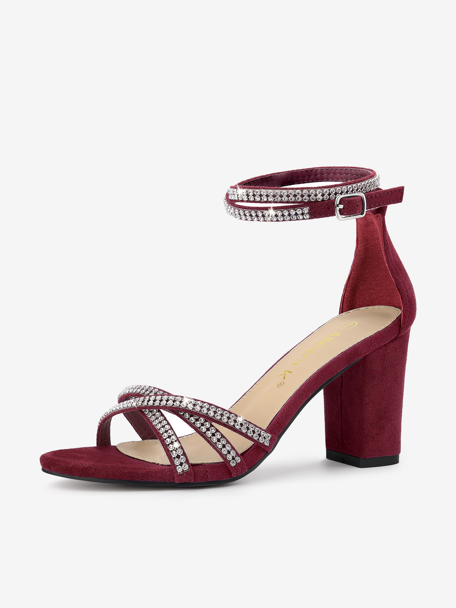Rhinestones Strappy Chunky Heel Sandals Burgundy/8 - Allegra K catalog