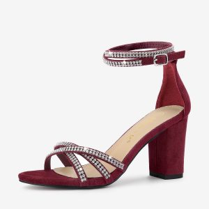 Rhinestones Strappy Chunky Heel Sandals Burgundy/9 - Allegra K catalog