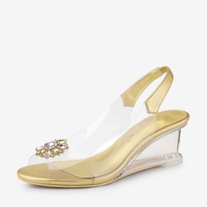 Clear Slingback Wedges Rhinestone Transparent Peep Toe Heel Gold/11 - Allegra K catalog
