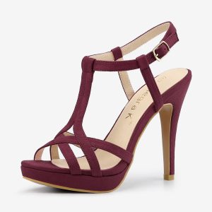 T Strap Slingback Platform Stiletto Heel Sandals Burgundy/7 - Allegra K catalog