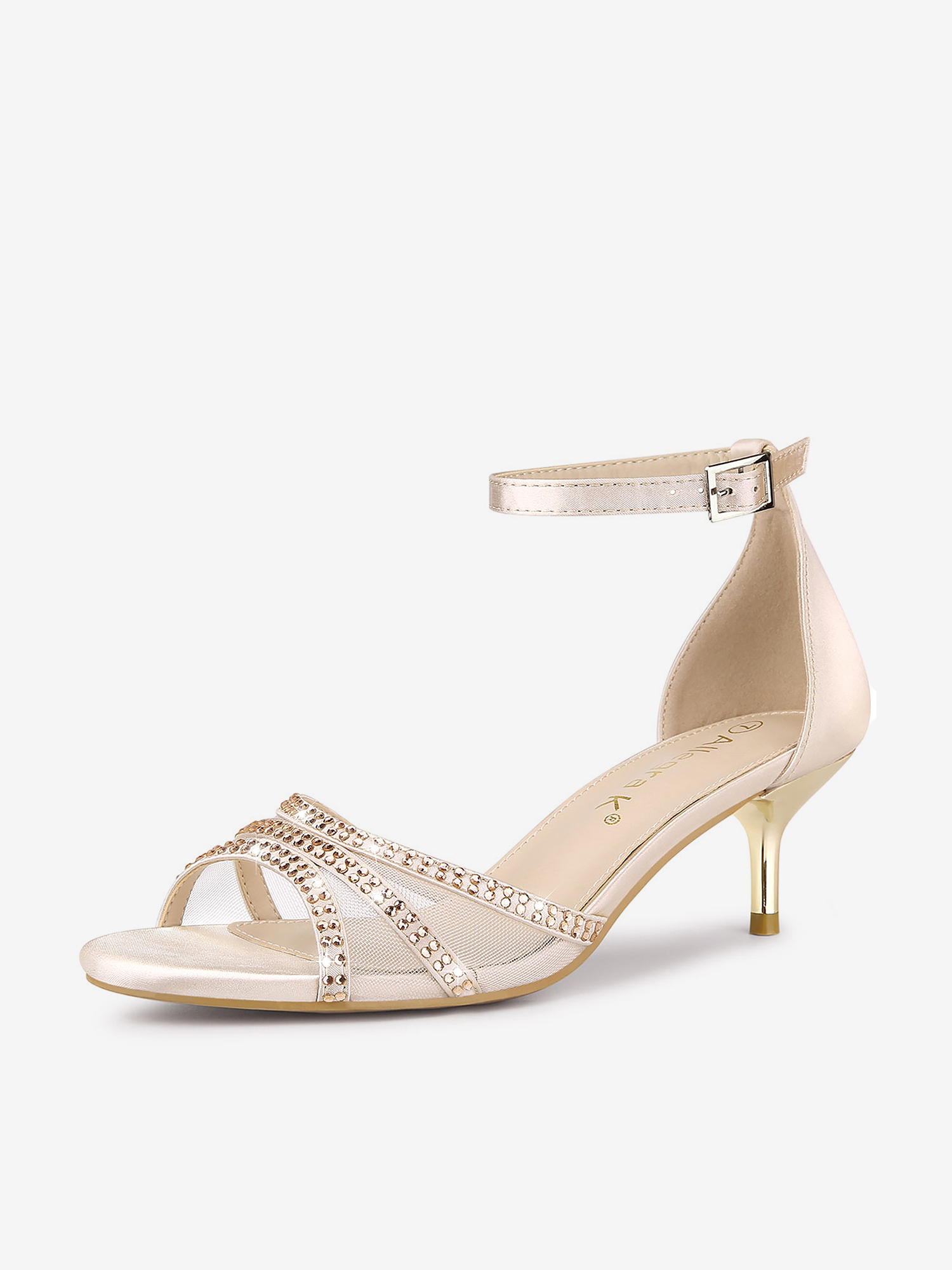 Satin Rhinestone Mesh Kitten Heel Ankle Strap Sandals Nude/9 - Allegra K catalog
