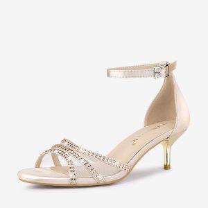 Satin Rhinestone Mesh Kitten Heel Ankle Strap Sandals Nude/10 - Allegra K catalog