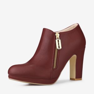 Platform Round Toe Chunky Heel Ankle Boot Burgundy/7 - Allegra K catalog