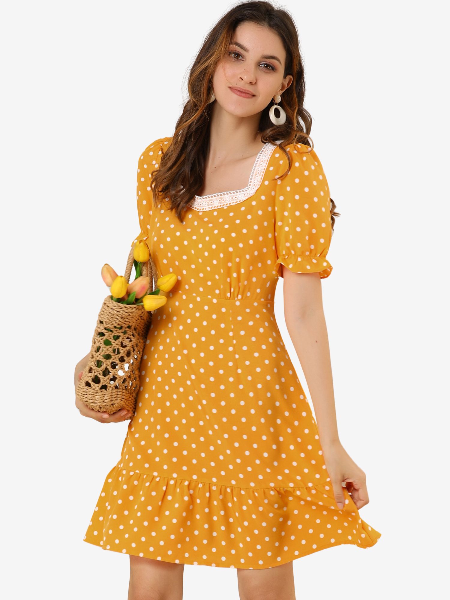 Summer Sweetheart Neck Ruffled Hem Puff Short Sleeve Polka Dots Dress Drak Yellow/S - Allegra K catalog