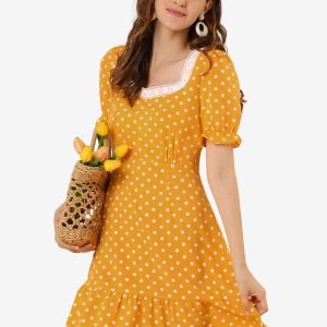 Summer Sweetheart Neck Ruffled Hem Puff Short Sleeve Polka Dots Dress Drak Yellow/M - Allegra K catalog