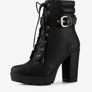 Lace Up Belt Decor Platform Block Heel Combat Ankle Boots Black/7 - Allegra K catalog