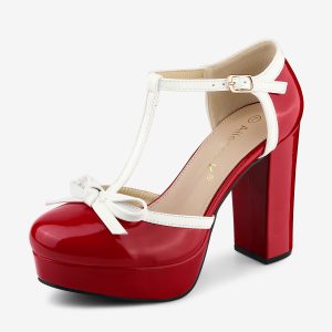 Platform Bow T Strap Chunky Heel Pumps Red/10 - Allegra K catalog