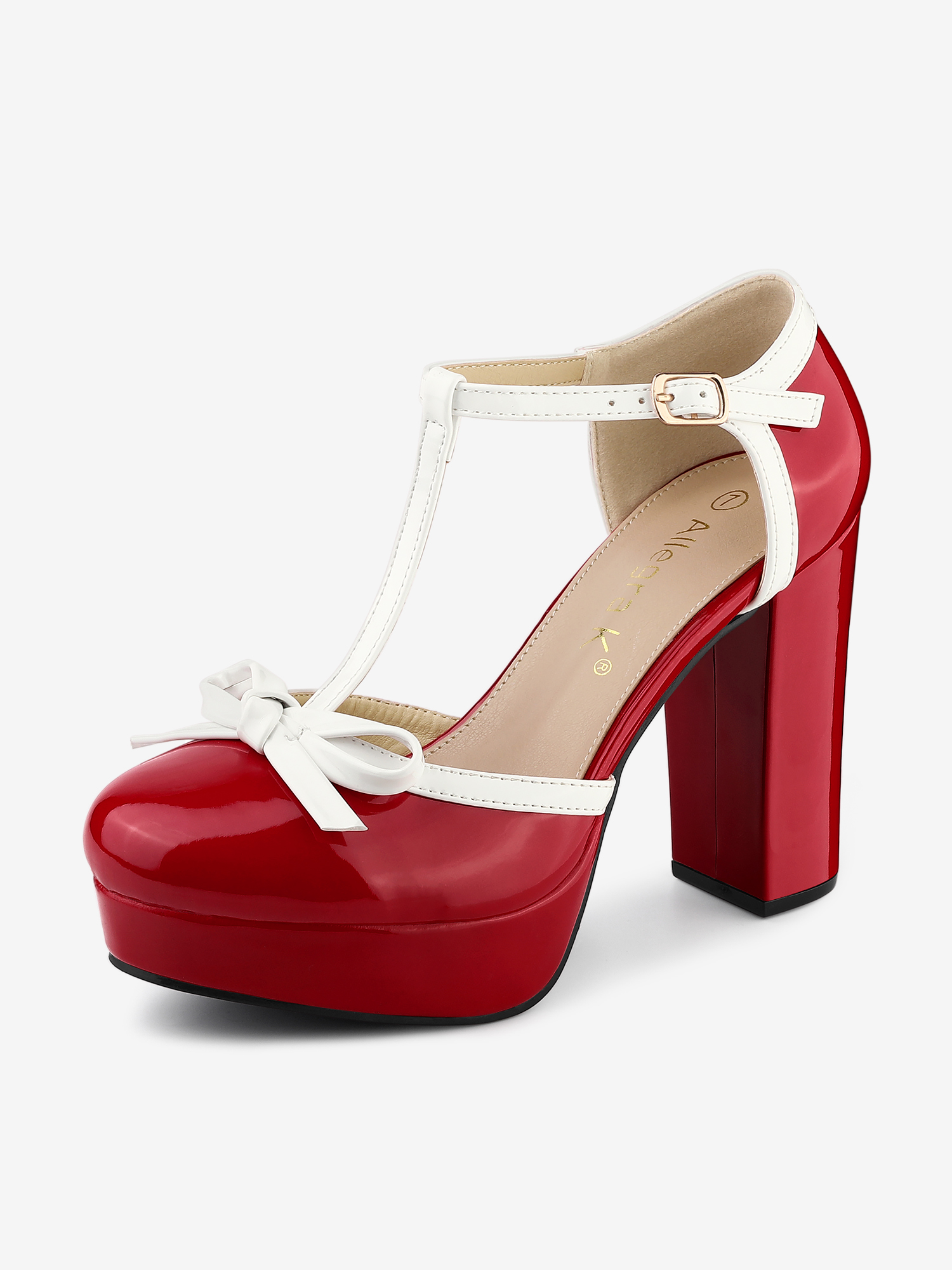 Platform Bow T Strap Chunky Heel Pumps Red/10 - Allegra K catalog