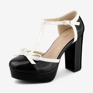 Platform Bow T Strap Chunky Heel Pumps Black/9 - Allegra K catalog