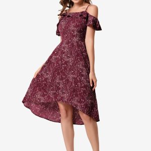 Spaghetti Strap Asymmetrical High Low Floral A-Line Midi Dress Wine Red/XL - Allegra K catalog