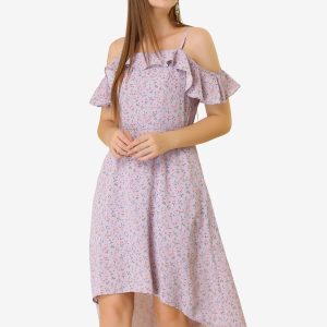 Spaghetti Strap Asymmetrical High Low Floral A-Line Midi Dress Light Purple/M - Allegra K catalog