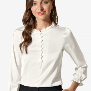 Ruffle Neck Bubble Sleeve Elastic Cuff Button Satin Blouse White/L - Allegra K catalog