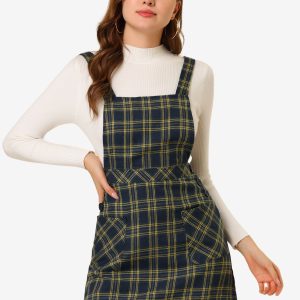 Plaid Tartan Button Decor A-Line Pinafore Overall Dress Navy Blue/M - Allegra K catalog