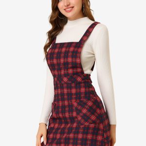 Plaid Tartan Button Decor A-Line Pinafore Overall Dress Red/M - Allegra K catalog