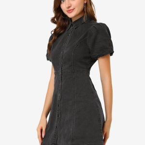 Denim Puff Short Sleeve Collared Button Down Mini Dress Dark Grey/XS - Allegra K catalog