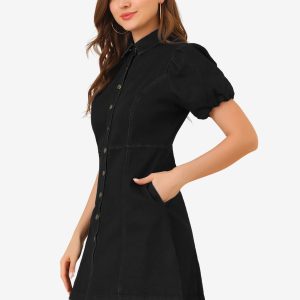 Denim Puff Short Sleeve Collared Button Down Mini Dress Black/M - Allegra K catalog