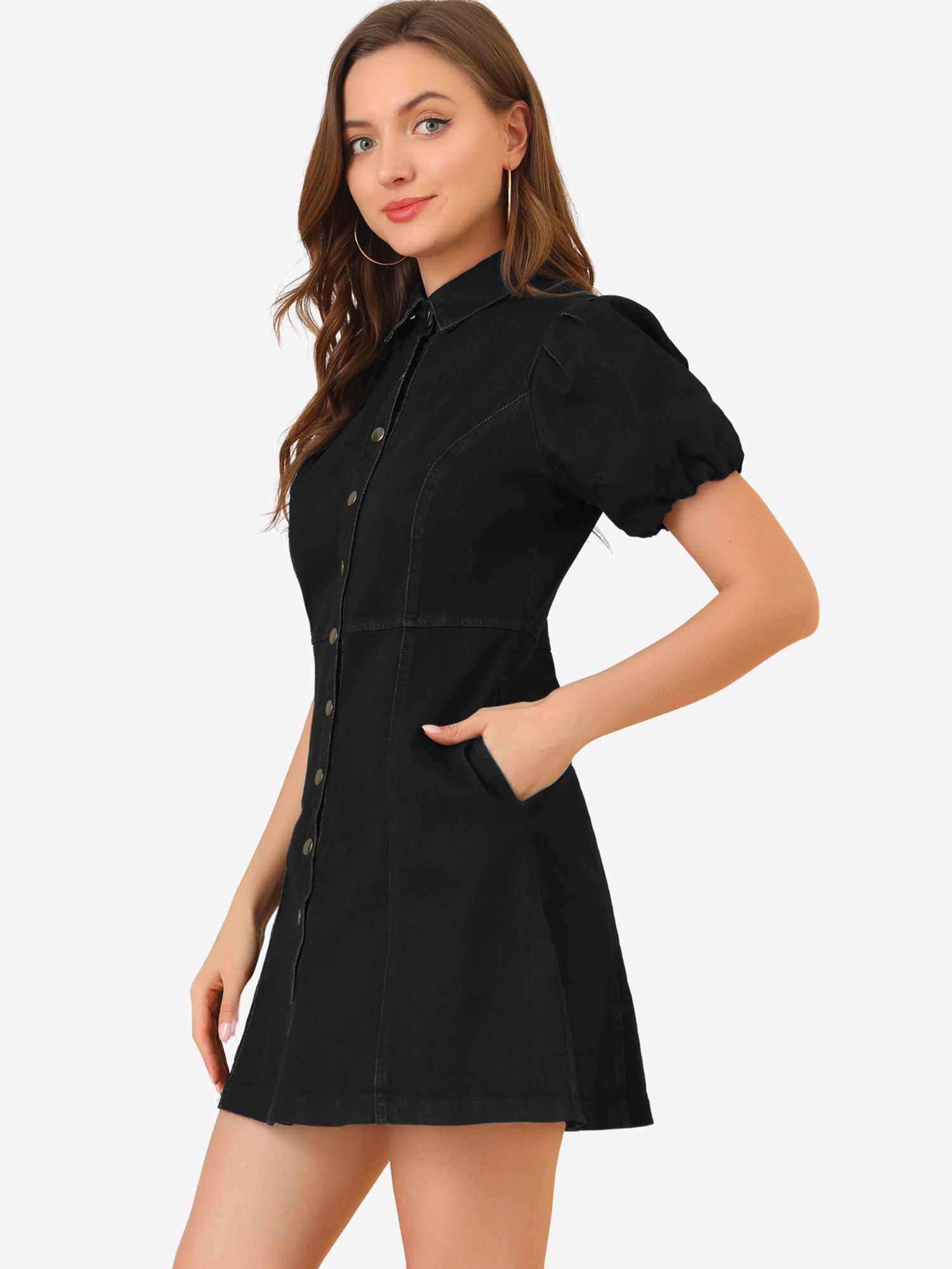 Denim Puff Short Sleeve Collared Button Down Mini Dress Black/M - Allegra K catalog