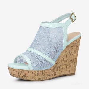Open Toe Platform Heel Lace Wedge Slingback Sandals Blue Flower/9 - Allegra K catalog