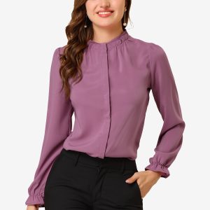 Work Office Blouse Button Up Ruffle Collar Long Sleeve Chiffon Shirt Fuchsia/XS - Allegra K catalog