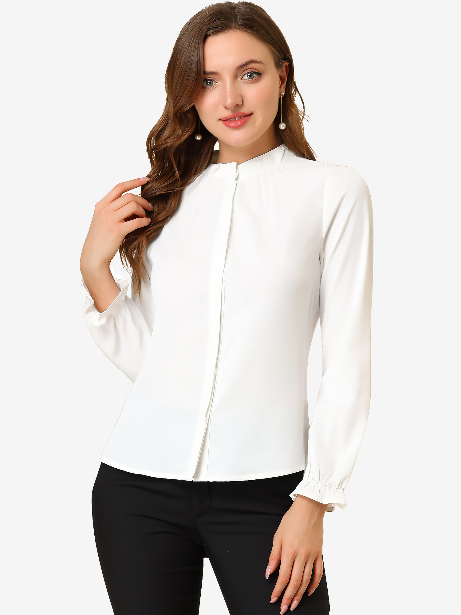 Work Office Blouse Button Up Ruffle Collar Long Sleeve Chiffon Shirt White/S - Allegra K catalog