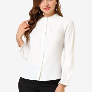 Work Office Blouse Button Up Ruffle Collar Long Sleeve Chiffon Shirt White/M - Allegra K catalog