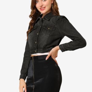 Lightweight Button Down Puff Sleeve Cropped Denim Jacket Black/XS - Allegra K catalog
