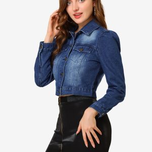 Lightweight Button Down Puff Sleeve Cropped Denim Jacket Dark Blue/L - Allegra K catalog