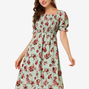 Square Neck Puff Sleeve Shirred Floral Casual Midi Dress Green/S - Allegra K catalog