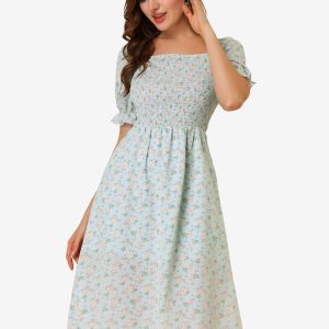 Square Neck Puff Sleeve Shirred Floral Casual Midi Dress Blue/M - Allegra K catalog