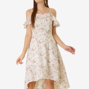 Spaghetti Strap Asymmetrical High Low Floral A-Line Midi Dress White/M - Allegra K catalog