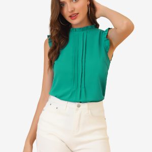 Business Office 1950s Ruffled Retro Sleeveless Work Blouses Viridian Green/S - Allegra K catalog
