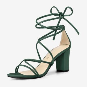 Lace Up Strappy Straps Chunky Heel Sandals Dark Green/11 - Allegra K catalog