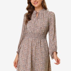 Smocked Waist Tie Neck Floral Long Sleeve Dress Pink/S - Allegra K catalog