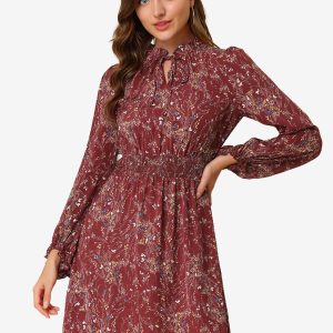Smocked Waist Tie Neck Floral Long Sleeve Dress Burgundy/XL - Allegra K catalog