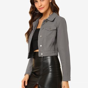 Button Down Long Sleeve Casual Cropped Denim Jacket Gray/XL - Allegra K catalog