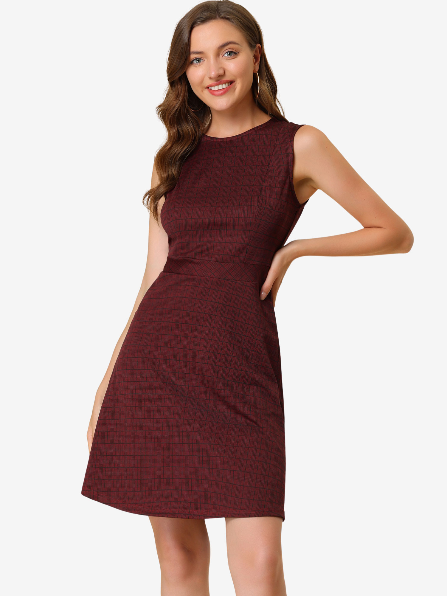 Plaid Sleeveless Fit and Flare Houndstooth Work Dress Burgundy-B/XS - Allegra K catalog