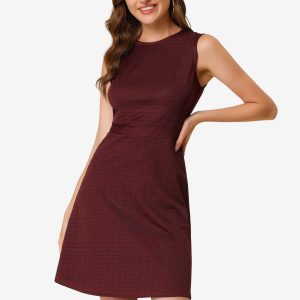 Plaid Sleeveless Fit and Flare Houndstooth Work Dress Burgundy-B/L - Allegra K catalog
