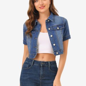 Casual Lapel Short Sleeve Crop Top Jean Denim Jacket Blue/S - Allegra K catalog