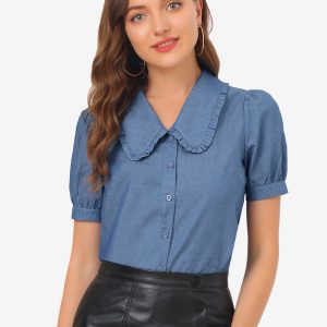 Chambray Shirt Peter Pan Collar Puff Sleeve Vintage Denim Blouse Blue/M - Allegra K catalog