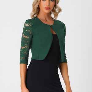 3/4 Sleeve Floral Lace Open Front Office Bolero Shrug Dark Green/M - Allegra K catalog